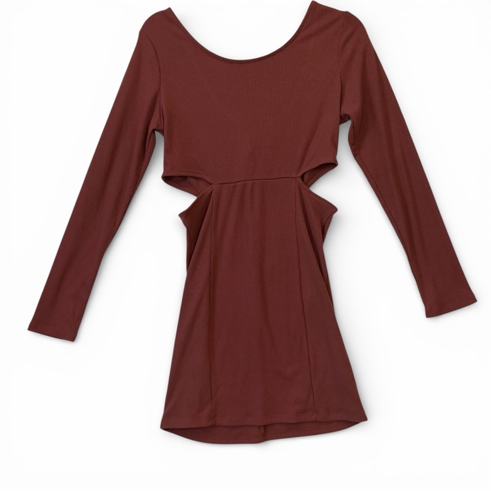 Open Edit Womens Rust Ribbed Cutout Long-Sleeve Mini Dress Size M - Picture 3 of 11